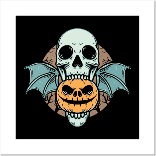 Happy Halloween Skull Bat with Pumpkin Posters and Art